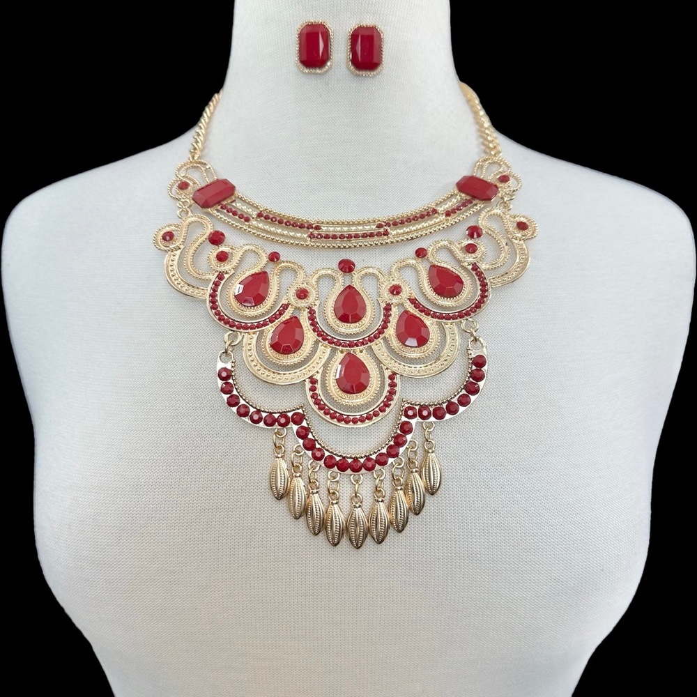 Large Bollywood Style Statement Red Gold Necklace Earrings Set